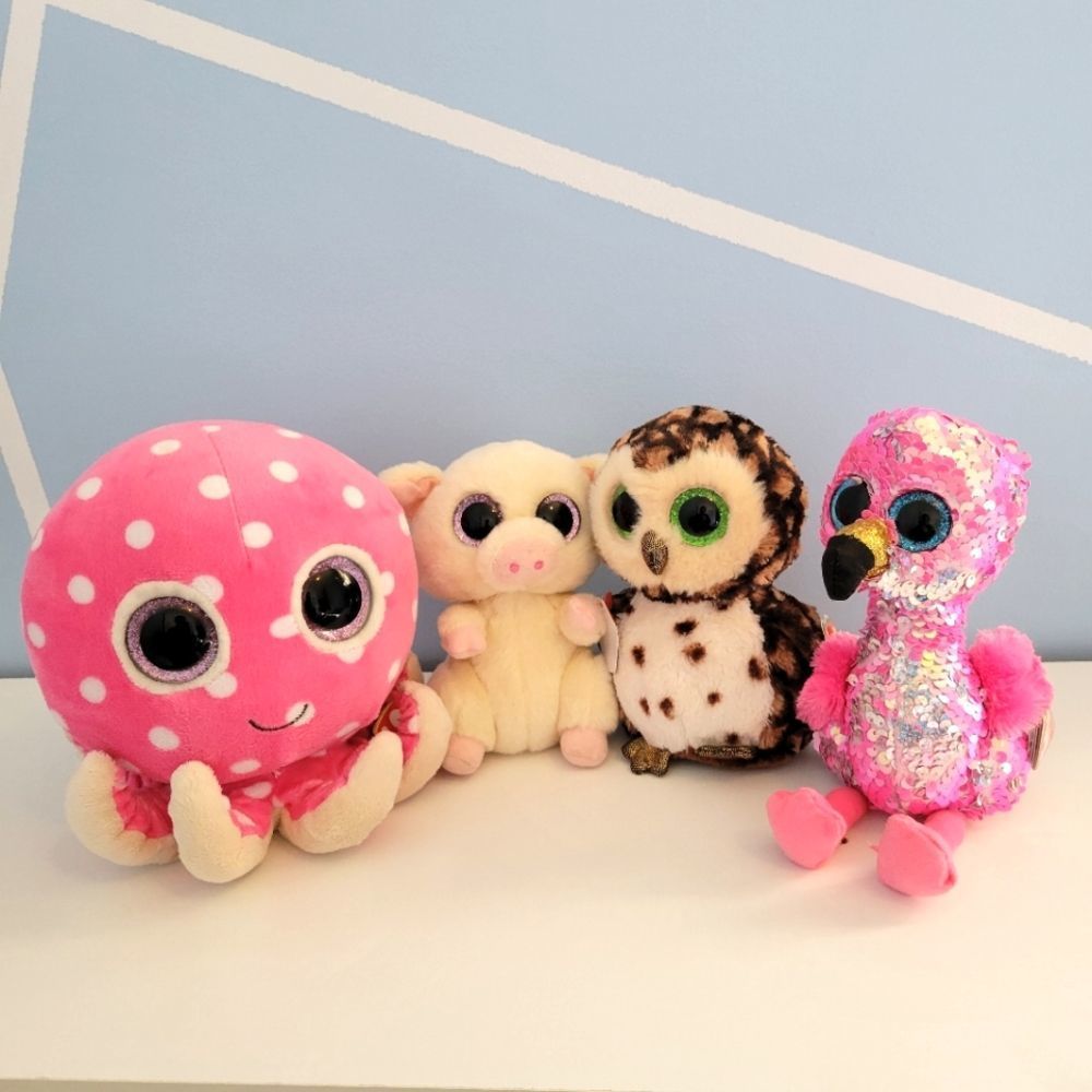 🐢GS TY Flippables and Beanie Boo Collection Flamingo Owl Pig Octopus Set of 4